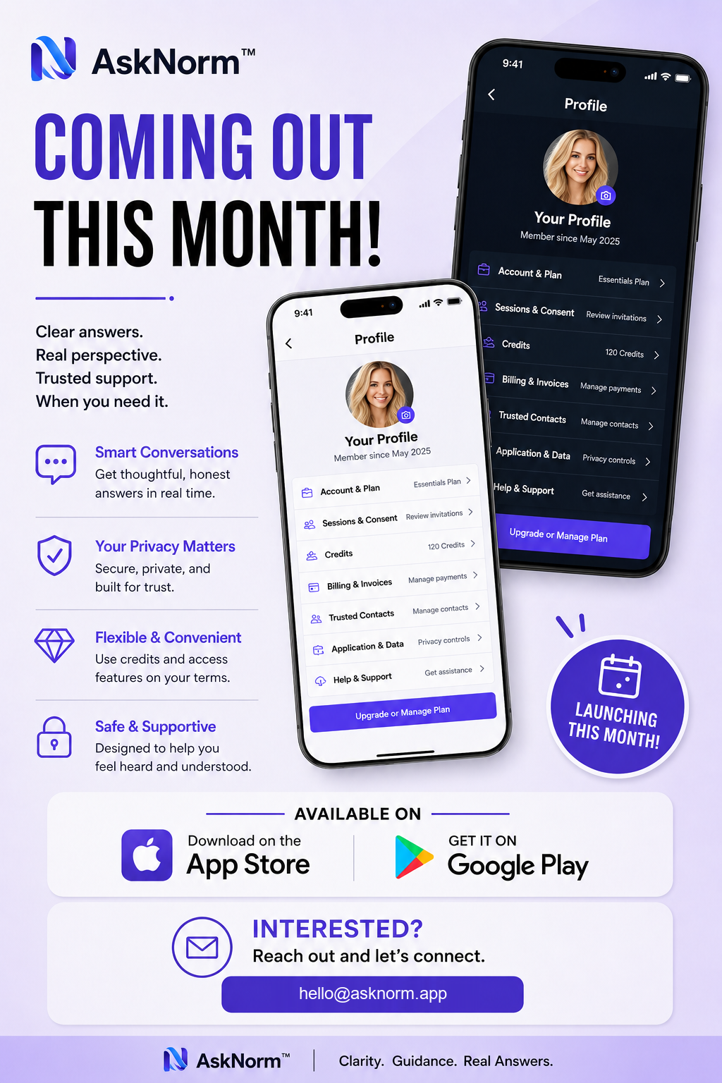 Ask Norm™ profile experience shown on light and dark mobile screens